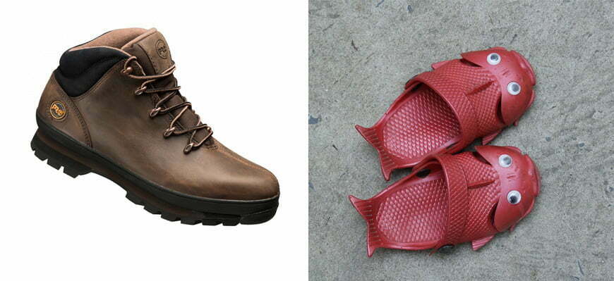Une photo comparant les chaussures de sécurité Timberland Pro Splitrock et des tongs